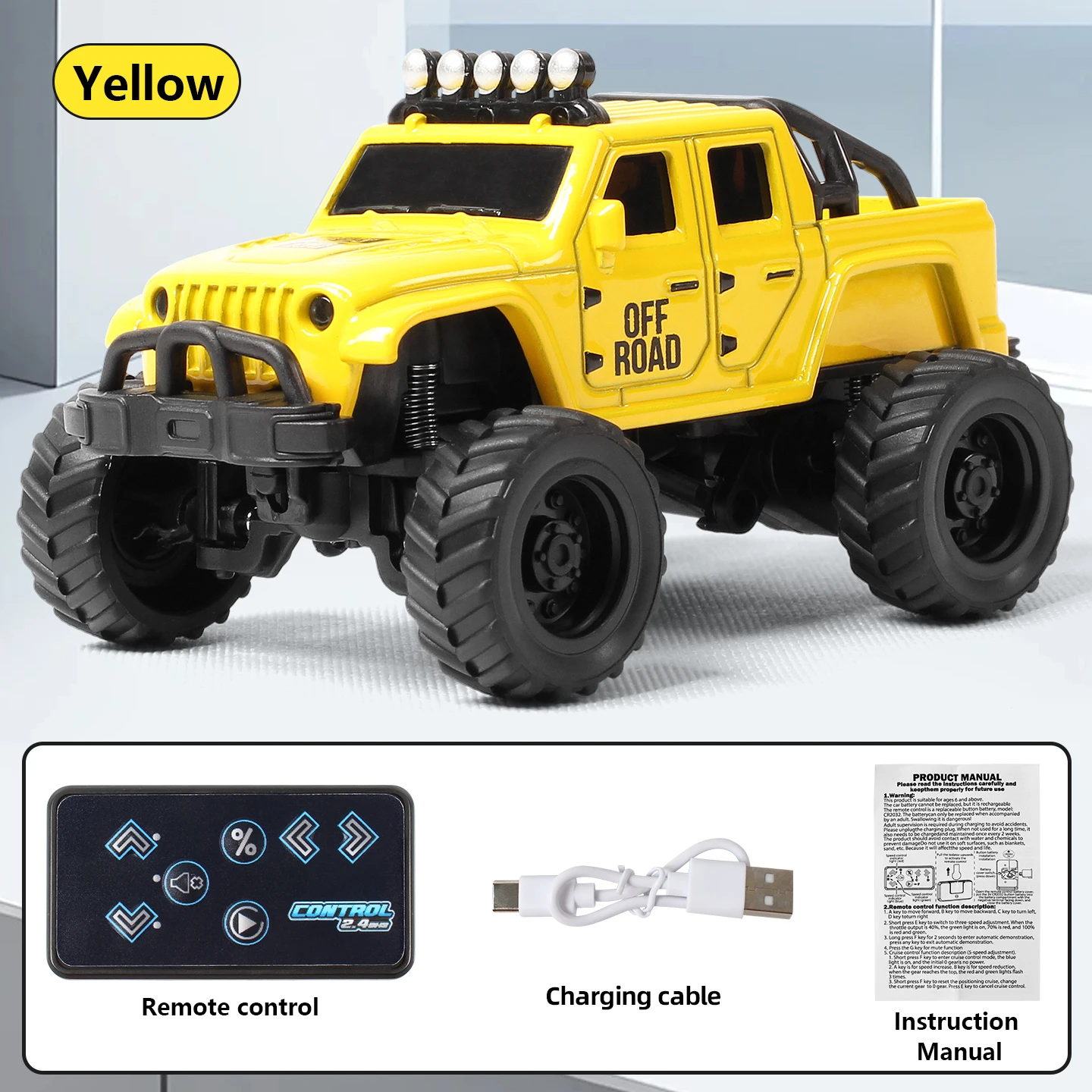Carrinho de Controle Remoto de Mesa em Liga Metálica, Modelo de Veículo Off road, Presente para Crianças e Meninos MDUG (amarelo)