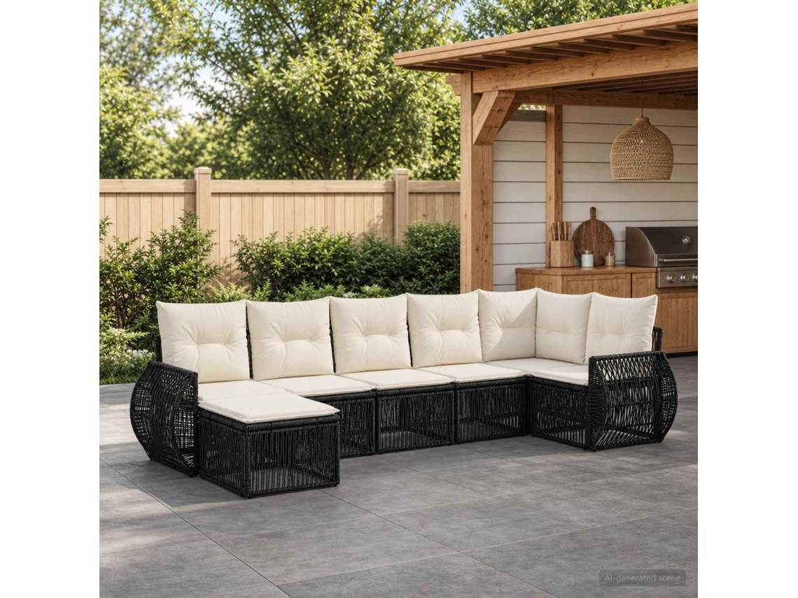 Vidaxl Conjunto De Sofá De Jardim 7 Unid. Preto E Branco Creme Vime Pe