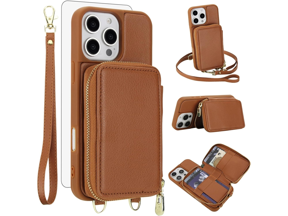 Capa Carteira Para Celular Em Couro Pu+tpu Com Protetor De Tela Para Iphone 16 Pro Max (6,9 Polegadas) - Marrom