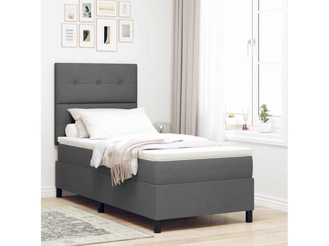 Vidaxl Cama Box Com Cabeceira Cinza Escuro 90 X 190 Cm Tecido