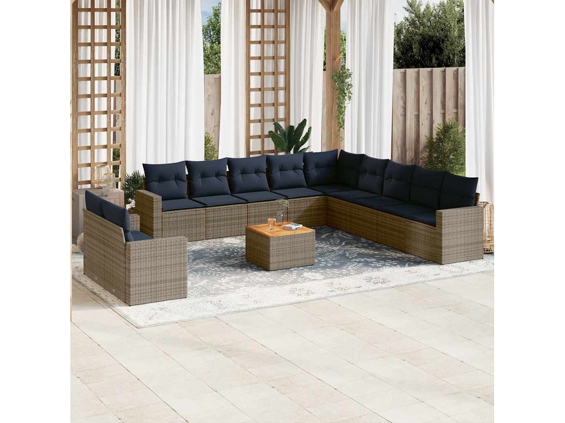 Vidaxl 12 Pcs Conjunto Sofás P/ Jardim C/ Almofadões Vime Pe Cinzento