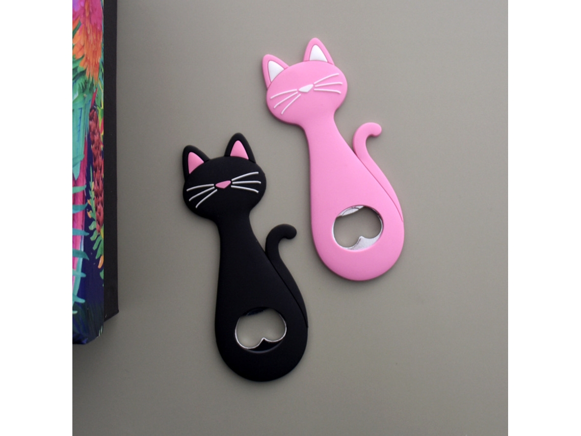 Conjunto Com 2 Abridores De Garrafa Em Formato Gato(preto E Rosa), Feitos De Plástico Pvc E Metal Com Ímã