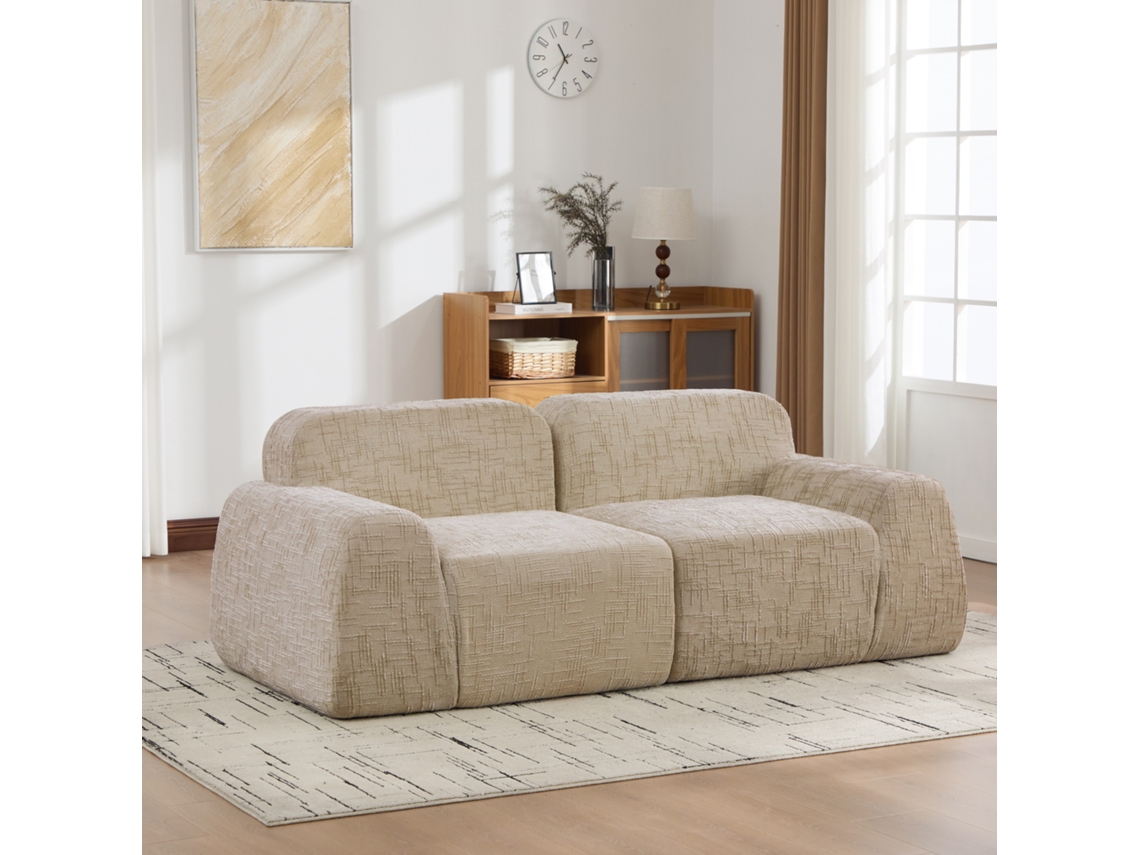 Sofá Modular Comprimido De 2 Lugares Em Tecido Chenille Com Espuma 30d Caqui Claro