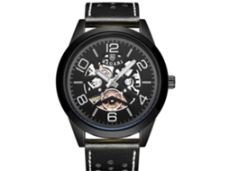 Relógio de pulso masculino Bagari preto com mecanismo de quartzo e pulseira de couro PU.