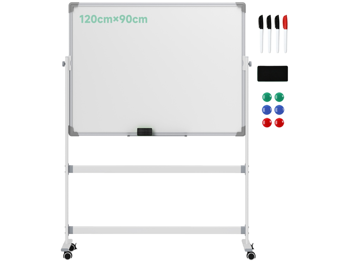 Quadro Branco, 120 X 90 Cm, Magnético, Rotativo, Móvel, Incluindo Marcador E Esponja, Estrutura Metálica, Branco-hh
