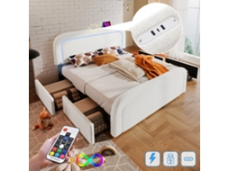 Cama De Casal Estofada + 160x200 Cm - Com 4 Gavetas, Cabeceira Ajustável, Luz Led, Porta Usb Tipo C, Base De Madeira - Branca