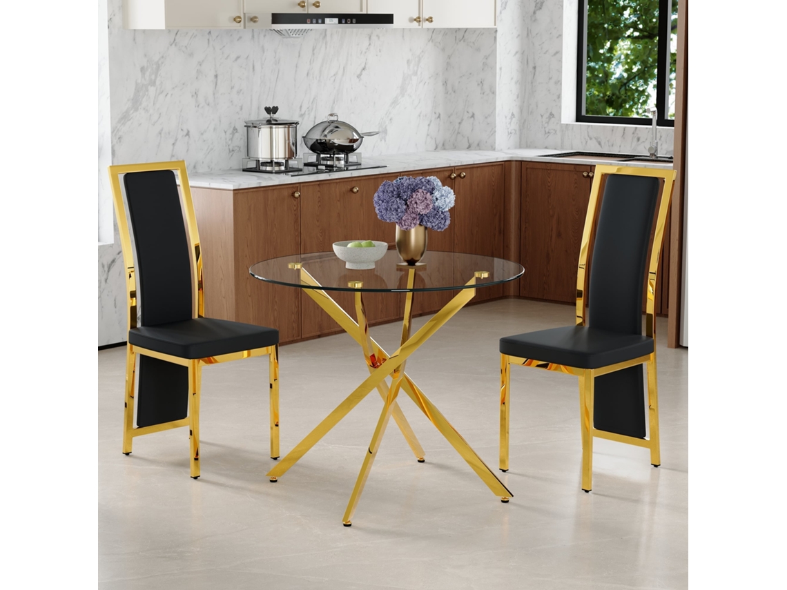 Conjunto de mesa e cadeiras NOVELA com mesa de 88 cm de vidro temperado, base dourada em cruz, 2 cadeiras pretas com rebordo dourado