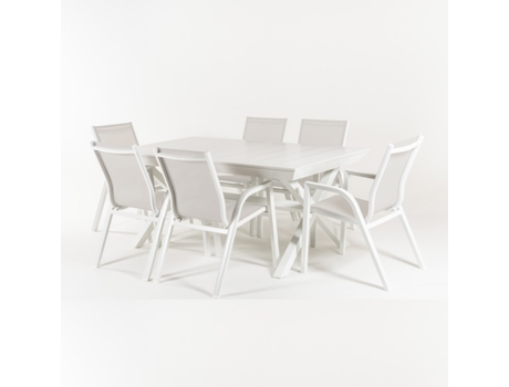 Conjunto de Mesas e Cadeiras Poltronas Empilháveis para Jardim Alumínio e Têxtil Branco Mesa: 170X100X75 Cadeira: 90X66X56 EDENJARDIN
