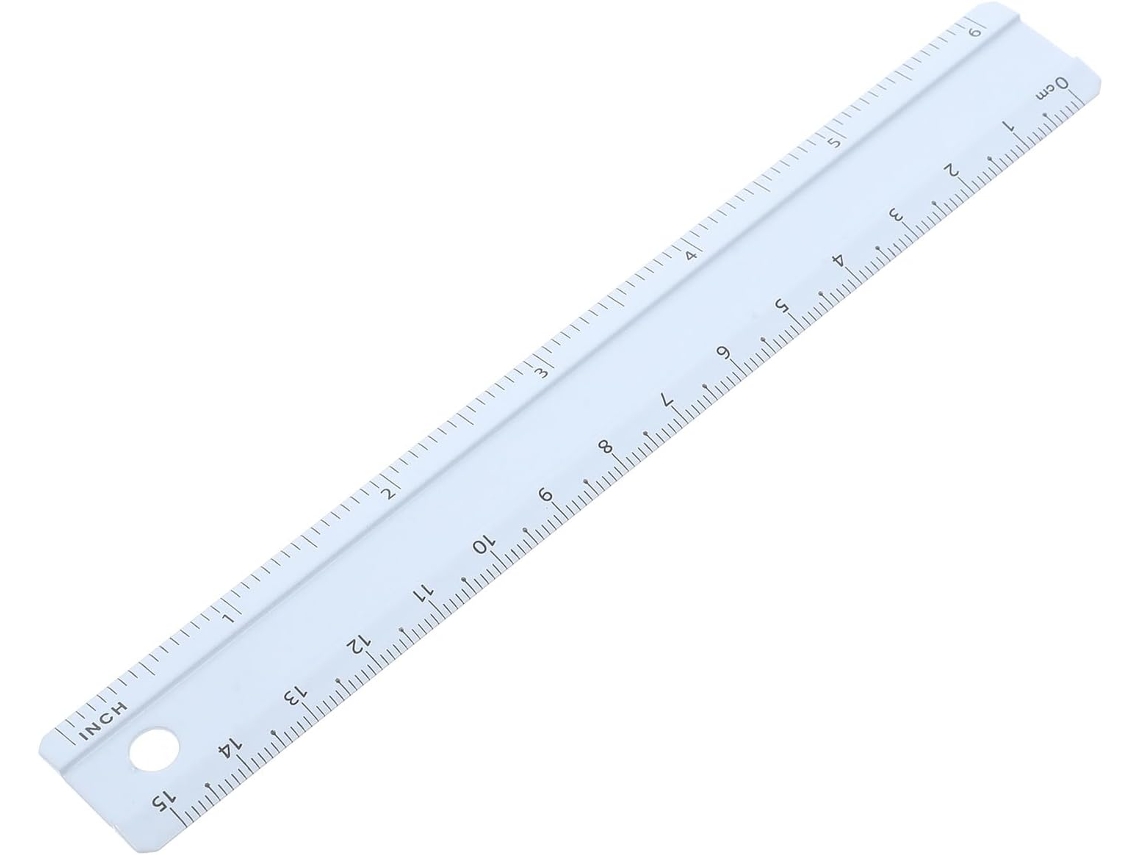 Régua Luxshiny de 15 cm em liga de alumínio, azul claro, com escala dupla, gravação precisa e resistente para diversos materiais.