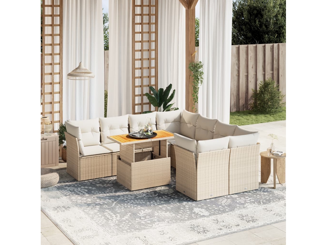 Vidaxl 9 Pcs Conjunto de Sofás P/ Jardim com Almofadões Vime Pe Bege