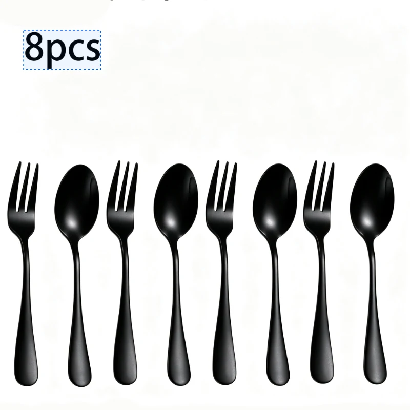 (8 Peças Pretas) Conjunto De Utensílios Em Aço Inoxidável, Colheres, Bolo, Garfo Para Frutas, Adequado Para Casa Ou Café.