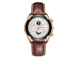 Relógio de Pulso Masculino Casual de Quartzo com Três Olhos Pulseira Marrom Capa Dourada