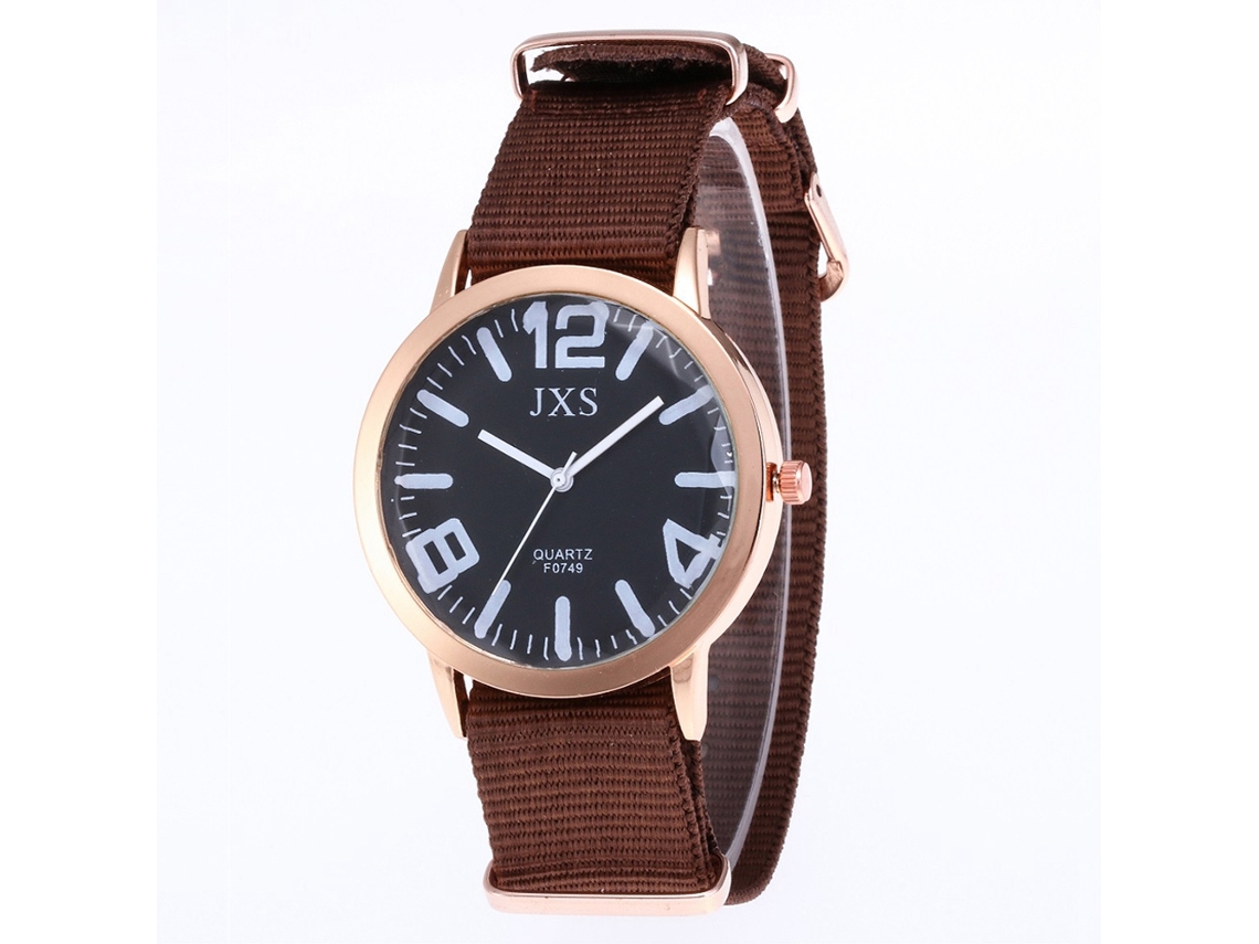 Relógio de pulso moderno em nylon para mulheres e homens, modelo Student Quartz J56 (café)