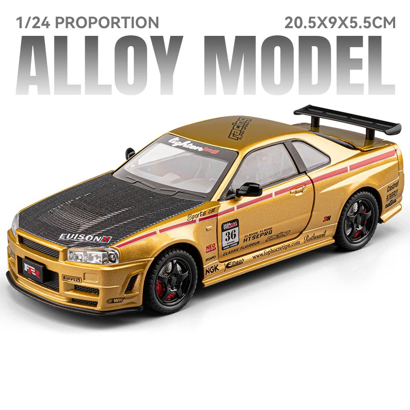 (r34 Gold) Miniatura De Carro Esportivo Em Escala 1:24, Com Efeitos Sonoros E De Luz, Carroceria De Metal.