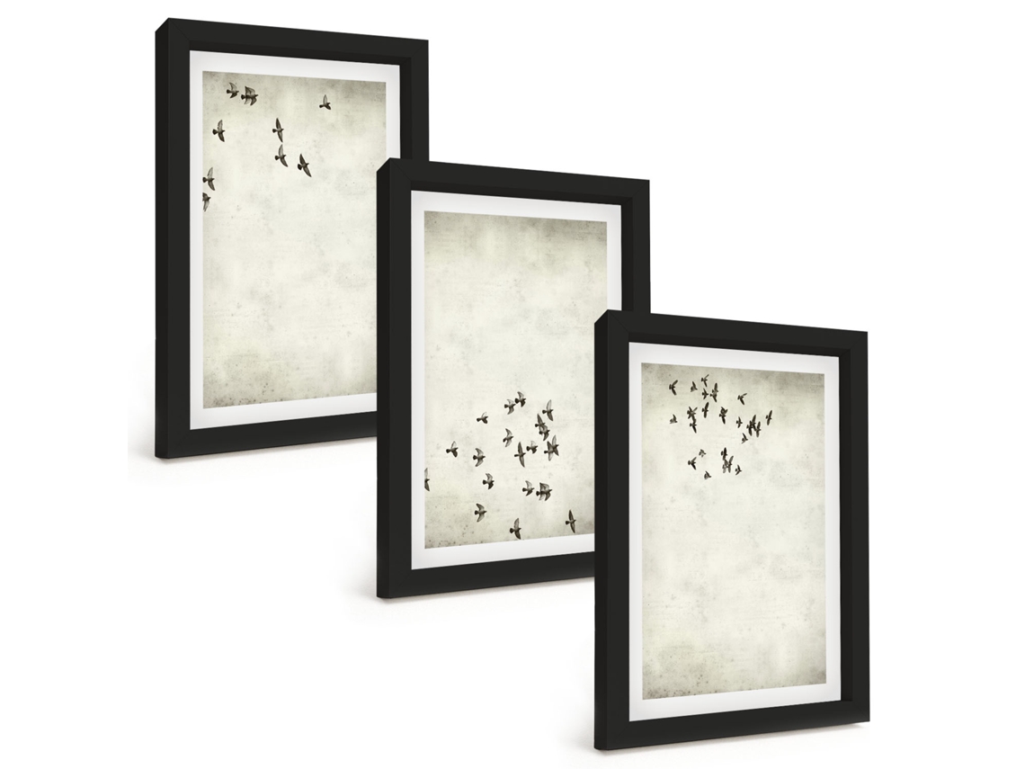 Conjunto De Pinturaspintura Minimalista De Pássaros Moldura Preta Quadros Para A Sala De Estar Espelharte (3 Peças 20x30 Cm)