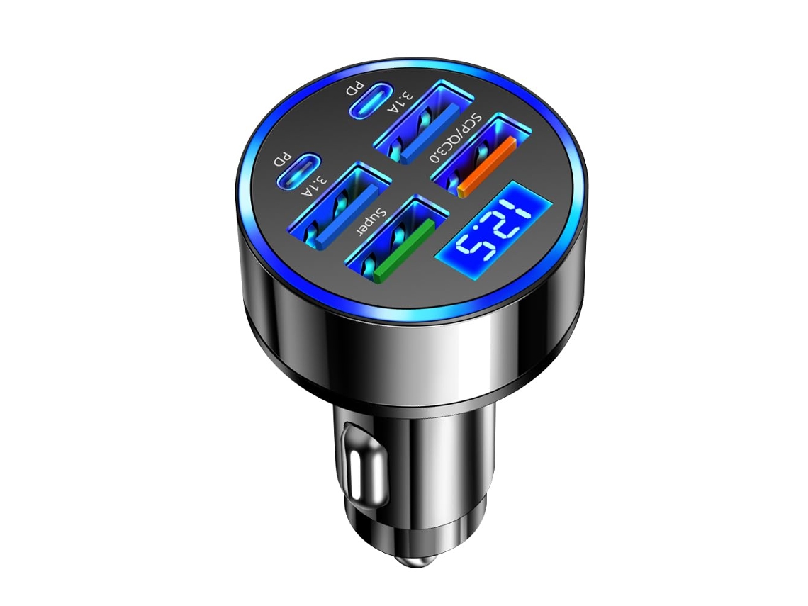 Adaptador Isqueiro de 6 portas USB-C PD-E QC3.0 com visor LED de voltagem 12V/24V para celulares, tablets e ventiladores.