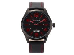 Relógio masculino de quartzo com mostrador redondo e pulseira de couro (preto/vermelho)