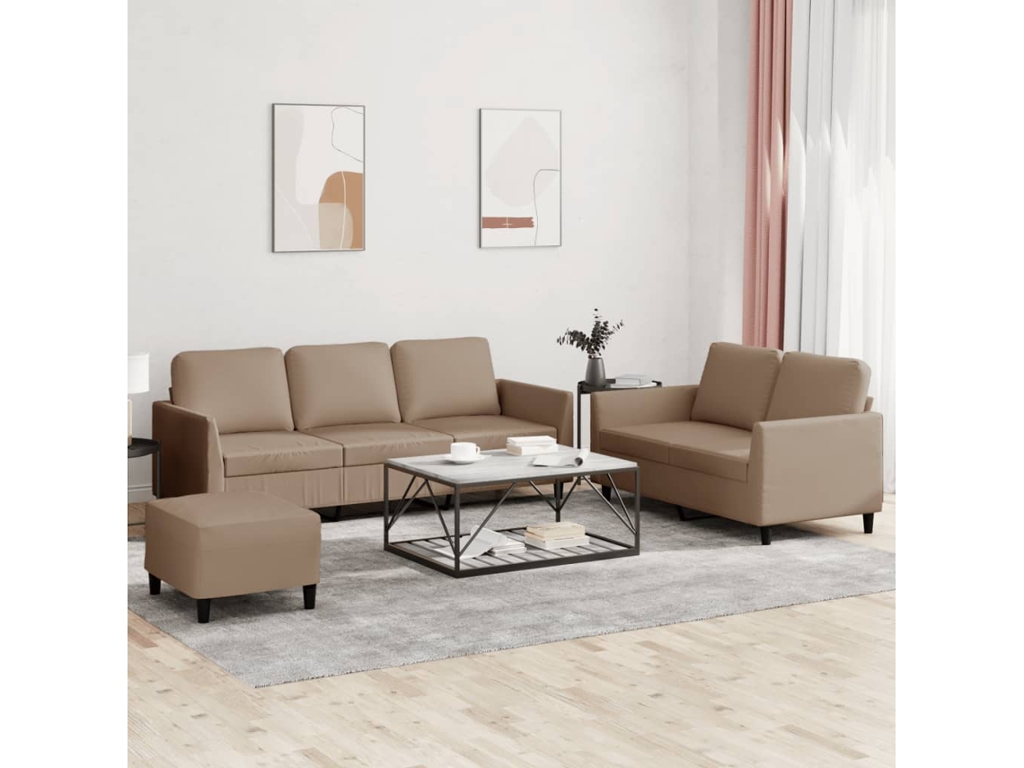 Vidaxl 3 Pcs Conjunto Sofás C/ Almofadões Couro Artificial Cappuccino