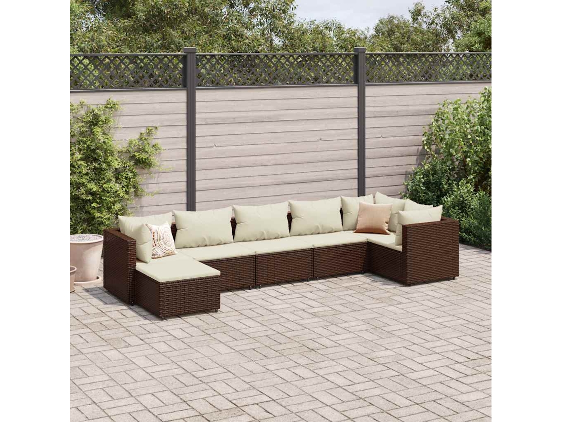 Vidaxl 7 Pcs Conjunto Lounge De Jardim C/ Almofadões Vime Pe Castanho