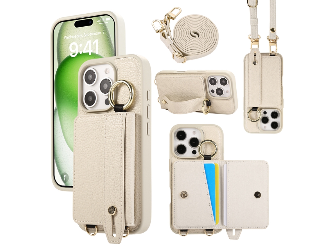 Capa Para Iphone 16 Pro Max Em Couro Pu Com Carteira E Alça Branco Czhhmart