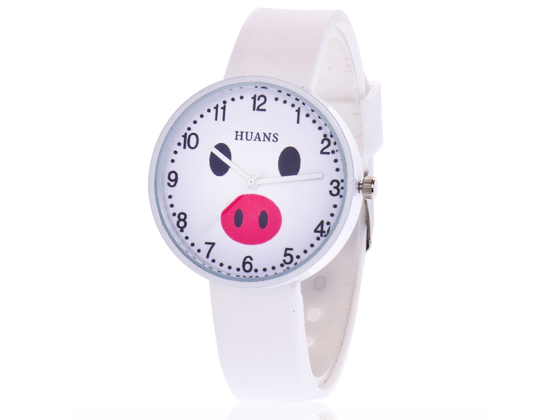Relógio infantil feminino com estampa de porquinho fofo, pulseira de silicone, movimento de quartzo, branco.