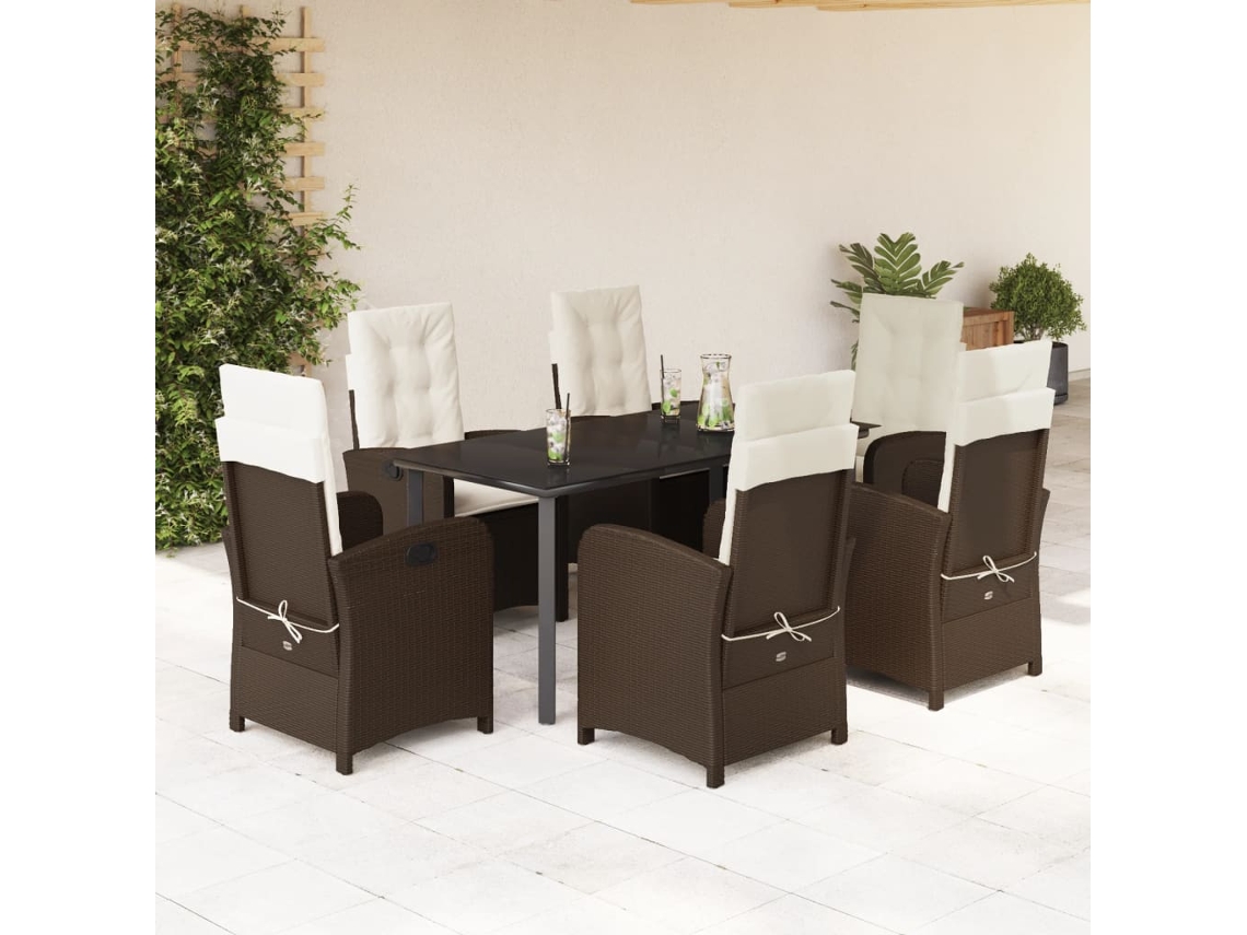 7 Pcs Conjunto Jantar P/ Jardim C/ Almofadões Vime Pe Marrom Dkd Home Decor