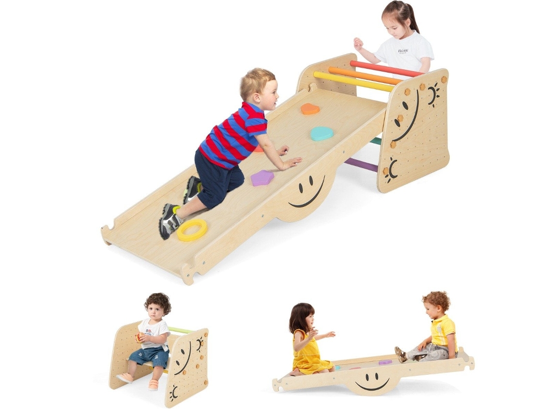 Conjunto de Escalador de Madeira com Rampa Reversível, Gangorra, Escada e Estampa Sorridente
