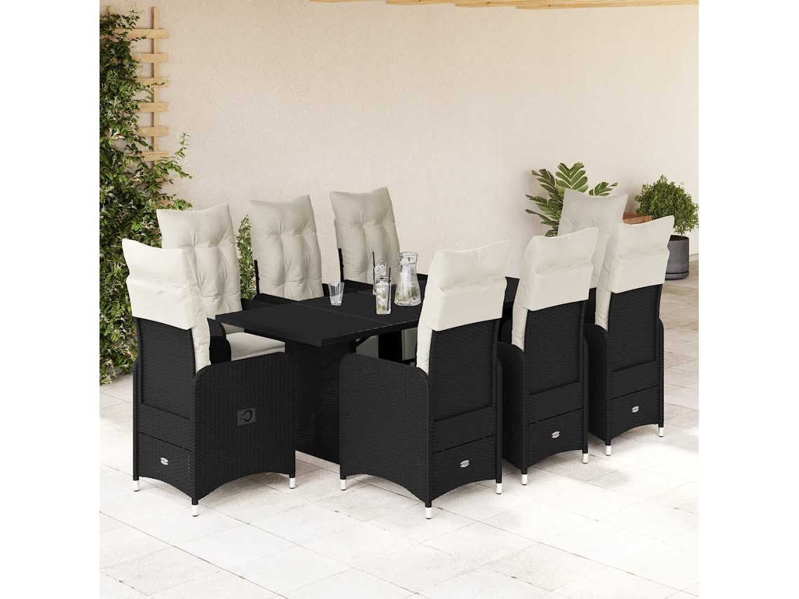 Vidaxl 9 Pcs Conjunto De Bistrô P/ Jardim C/ Almofadões Vime Pe Preto