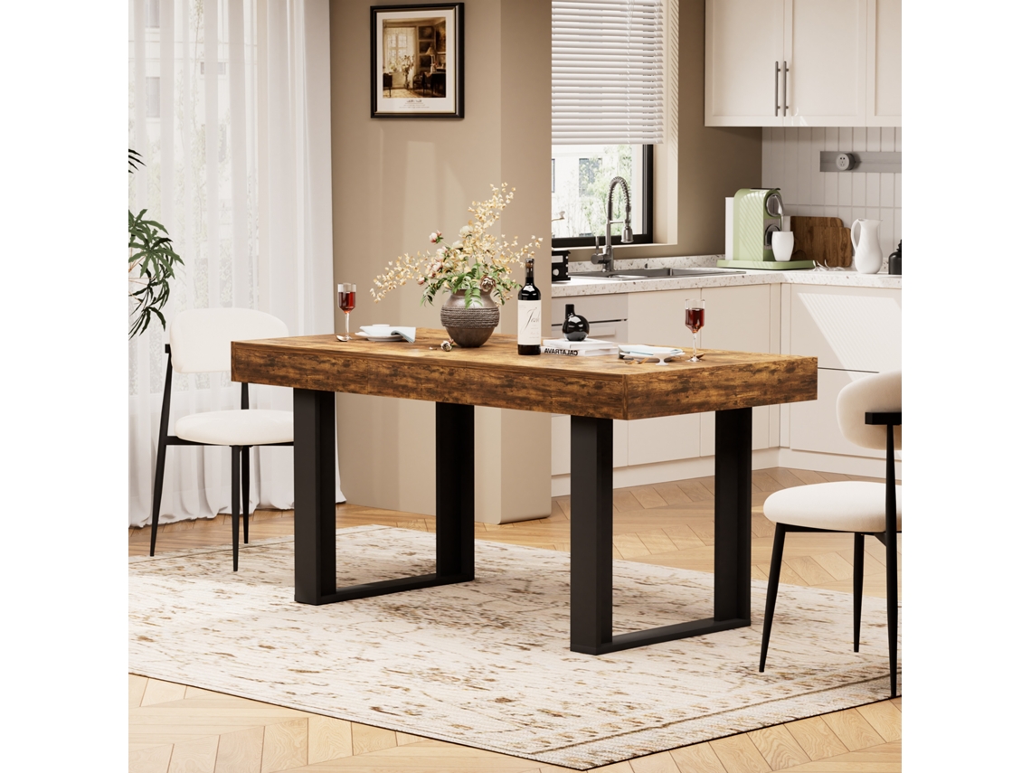 Mesa De Jantar Extensível 120-160cm Estilo Retro Para 8 Pessoas, Mesa De Cozinha Em Madeira Estilo Moderno Rústico Castanho E Preto