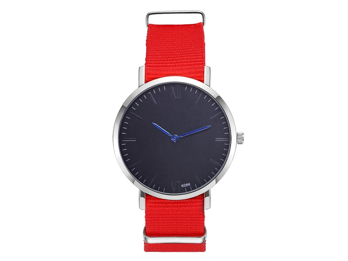 Relógio de pulso masculino casual com mostrador espelhado, movimento de quartzo e decoração vermelha.