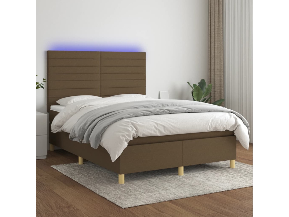 Vidaxl Cama Box Spring C/ Colchão/led 140x200cm Tecido Castanho-escuro