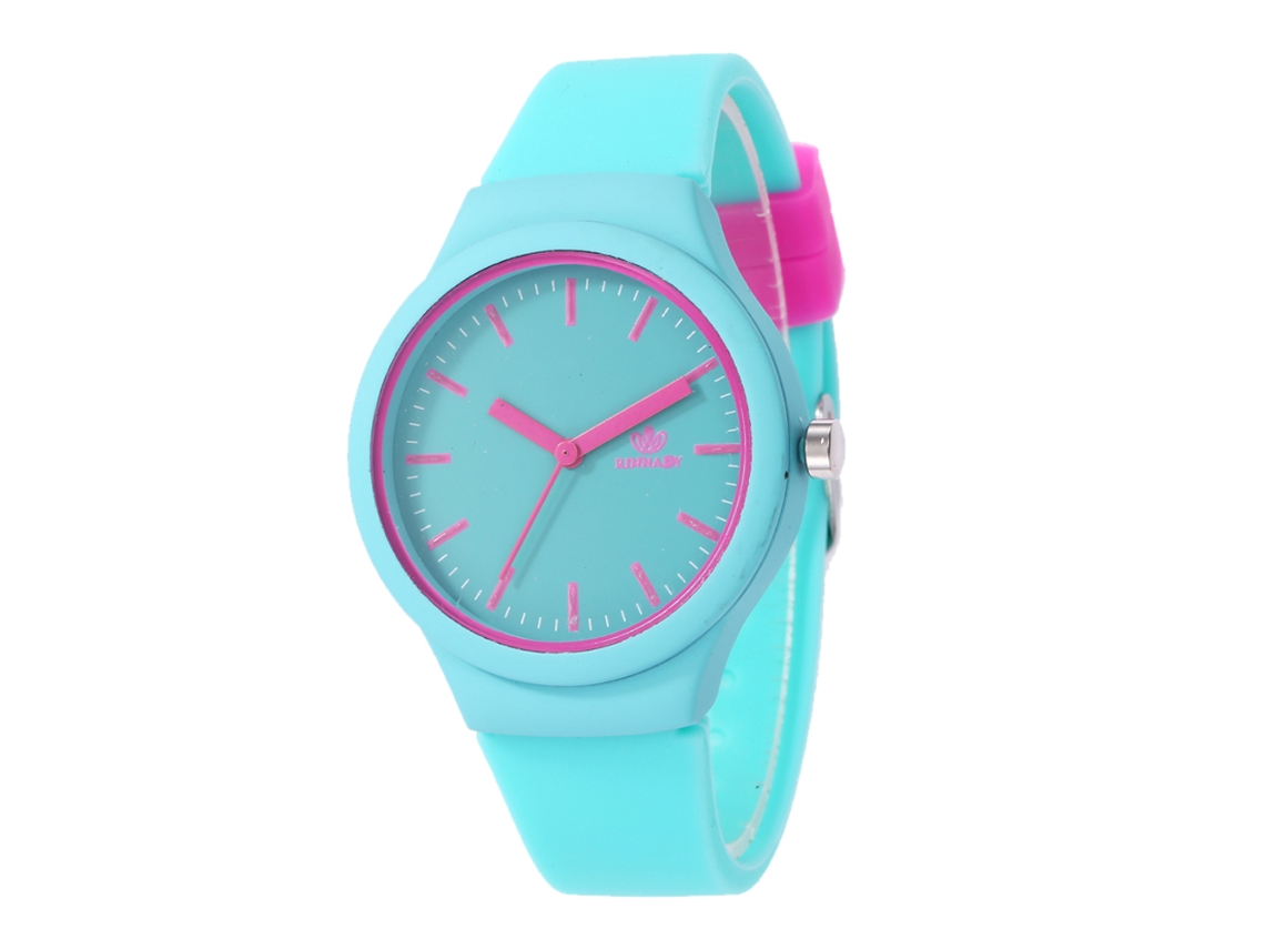 Relógio de quartzo casual unissex com pulseira de silicone azul claro.