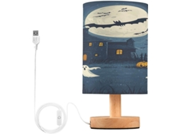 Luminária De Cabeceira Skyshu Halloween Boo Pequena Mesa Led Usb Com Base Madeira Antiderrapante E Cúpula Que Não Agride