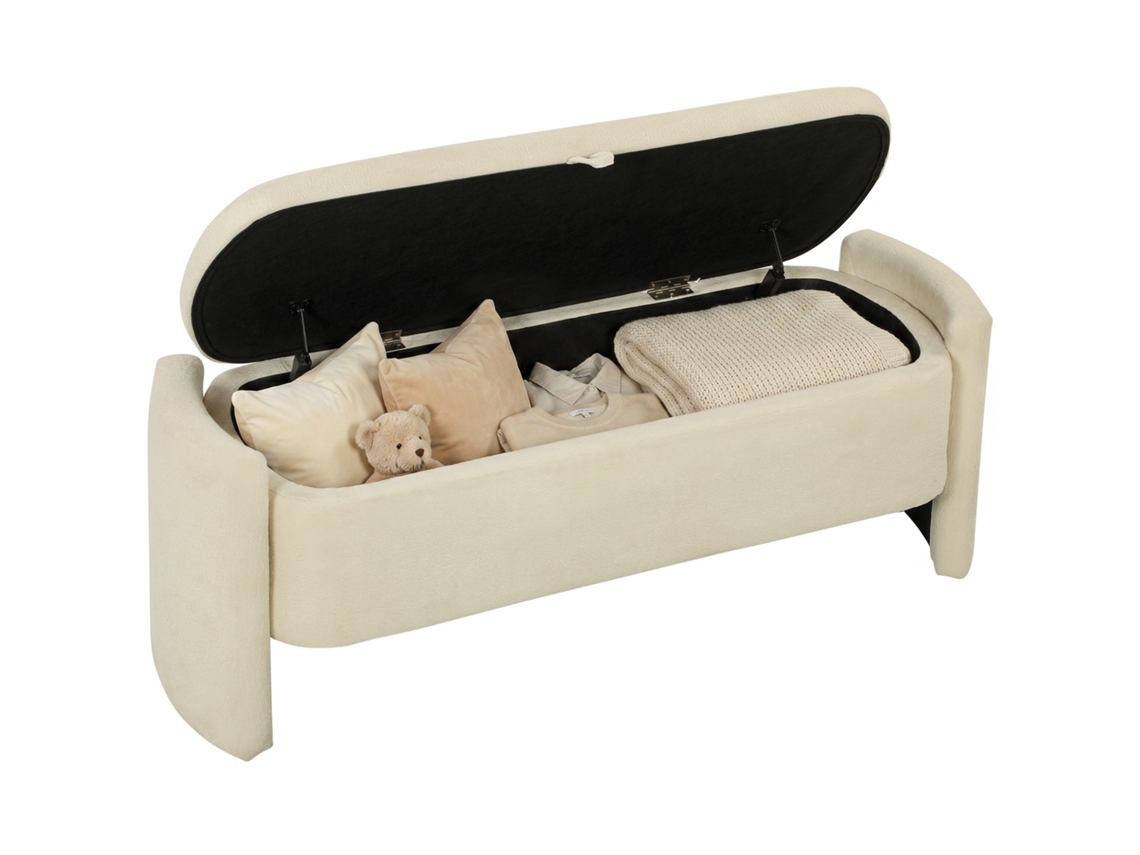 Banco Bout De Lit Com Arrumação Tecido Bouclé E Pés Eucalipto 118x42x45 Cm Creme