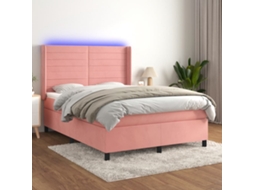 Vidaxl Cama Box Spring C/ Colchão/led 140x190 Cm Veludo Rosa