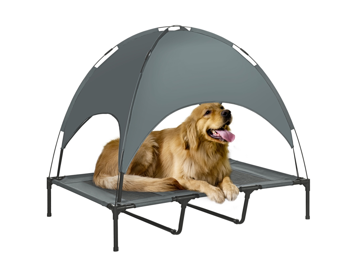 Cama Elevada para Pets com Guarda sol Tecido Oxford Respirável, Estrutura Metálica Anti uv Inclui Dormitório Externo, 122x92x108cm, Cinza/preto Ge