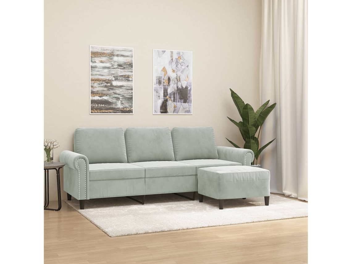 Vidaxl Sofá De 3 Lugares Com Apoio De Pés 180 Cm Veludo Cinzento-claro