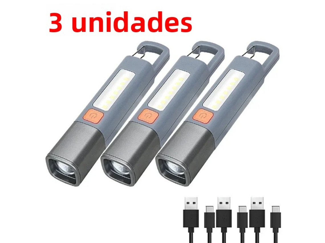 Mini Lanterna Led Portátil Recarregável Via Usb com Gancho e Função de Zoom MDUG (3 Unidades)