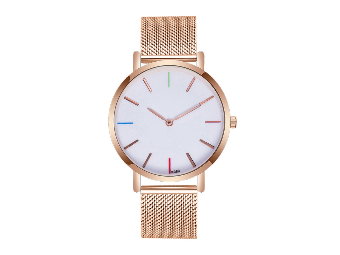 Relógio de pulso masculino em aço inoxidável com pulseira de malha dourada rosê.