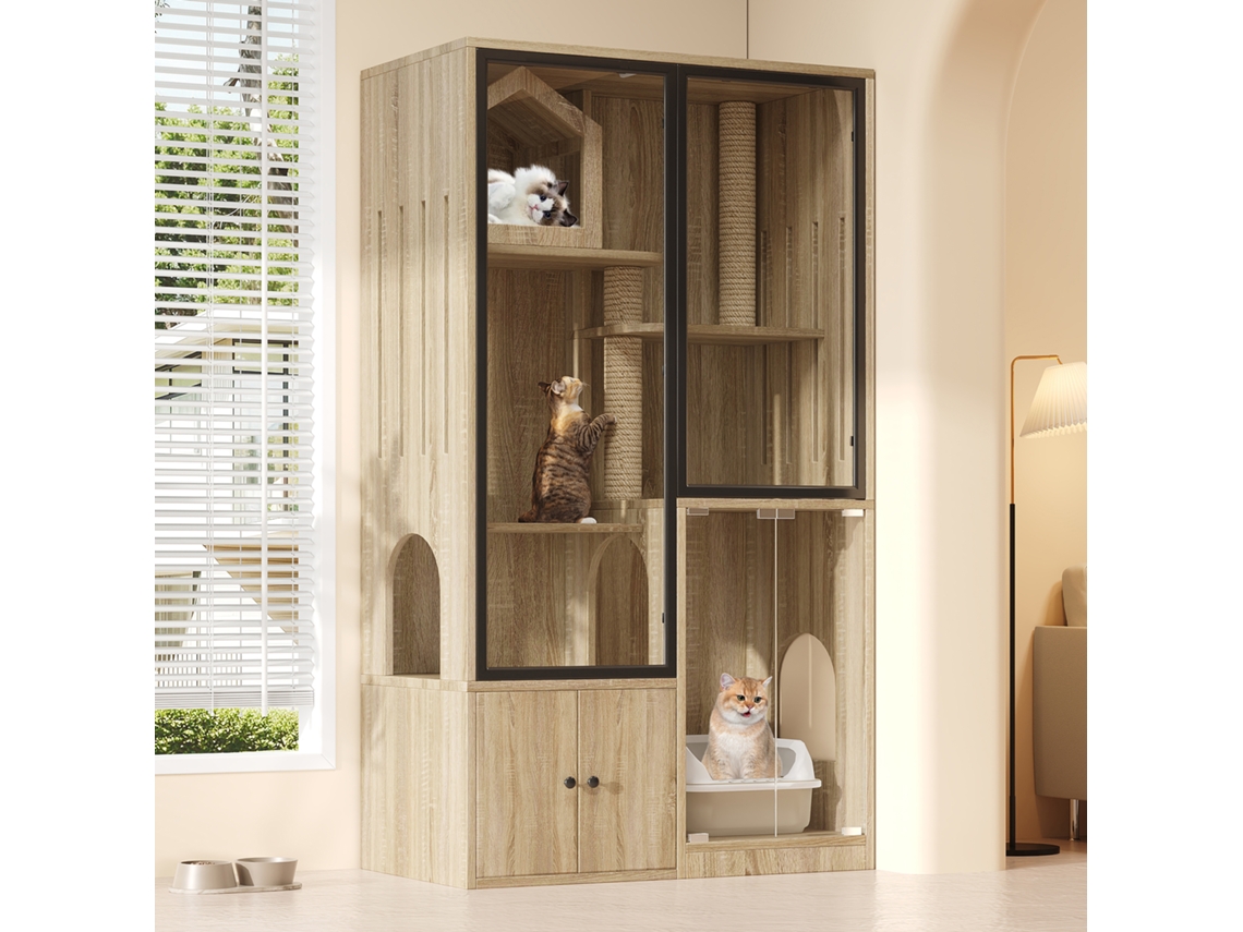 Casa Para Gatos 90x50x160 Cm - 4 Andares, Resistente Ao Inverno, Com Poste Para Arranhar - Natural