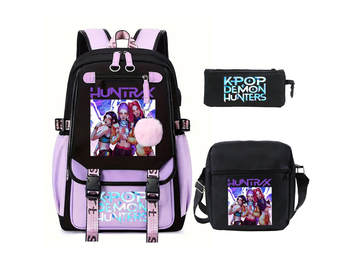 Mochila Escolar De Anime Conjunto De Três Peças, Com Bolsa Transversal E Estojo, Grande Capacidade, Impermeável, Estilo 4 Roxo