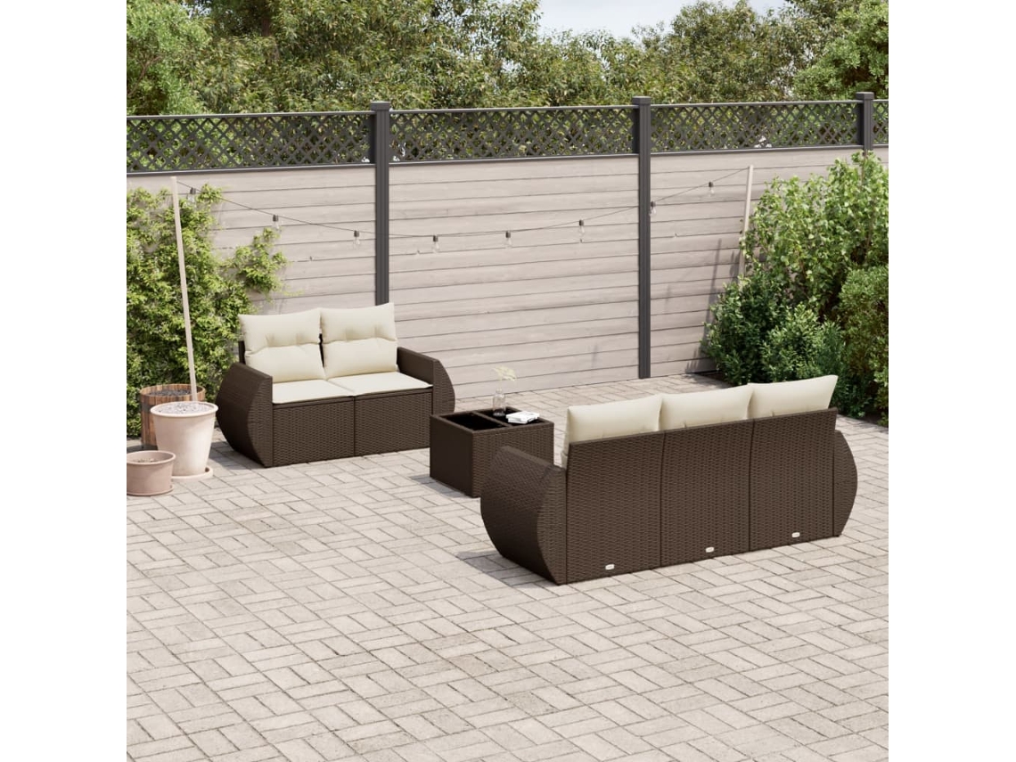 Vidaxl 6 Pcs Conjunto De Sofás Jardim C/ Almofadões Vime Pe Castanho