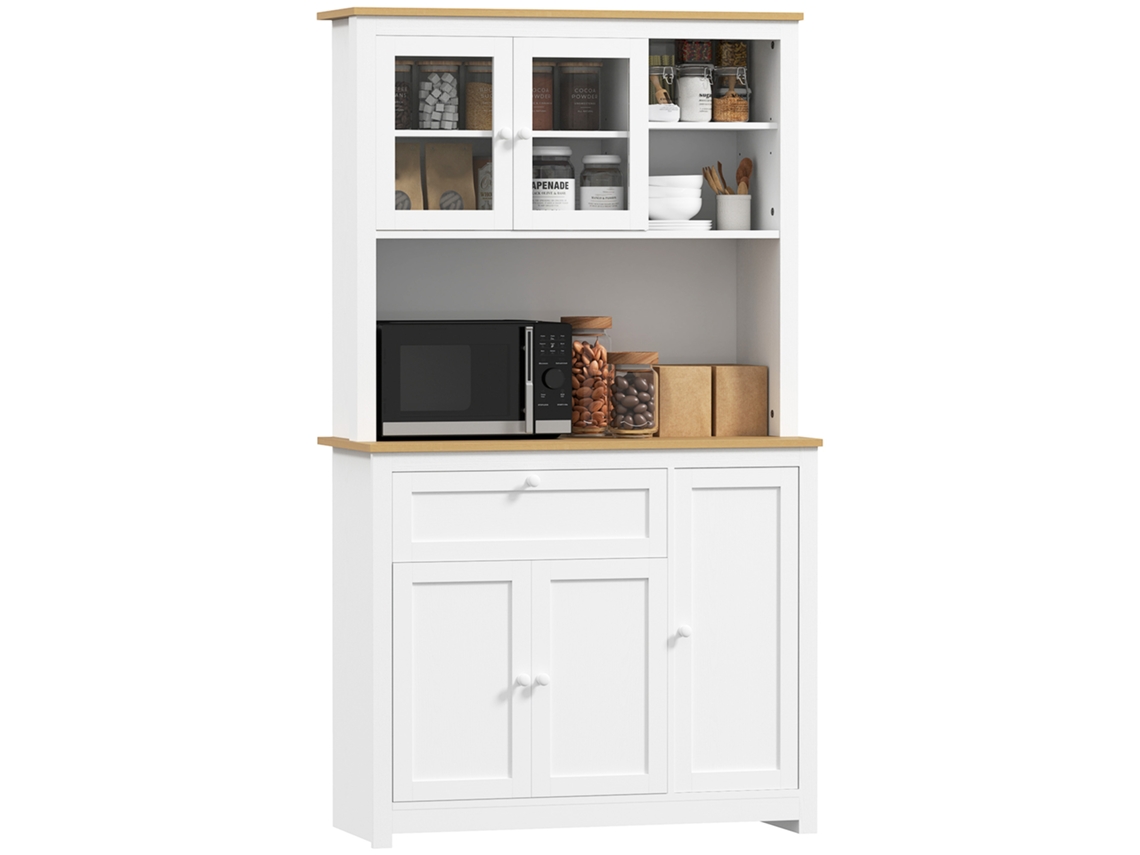 Armário De Cozinha Estilo Campestre, 1 Vitrine, 1 Prateleira Aberta, 1 Gaveta, 2 Armários, Natural + Branco, Com Estrutura Resistente E Durável,