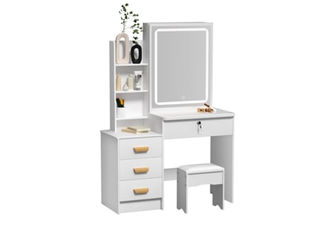 Flasidu Toucador De Maquilhagem Melamina De Madeira, 4 Gavetas, Espelho Com Luz Led, Branco, 90x37x135cm, Estilo Moderno