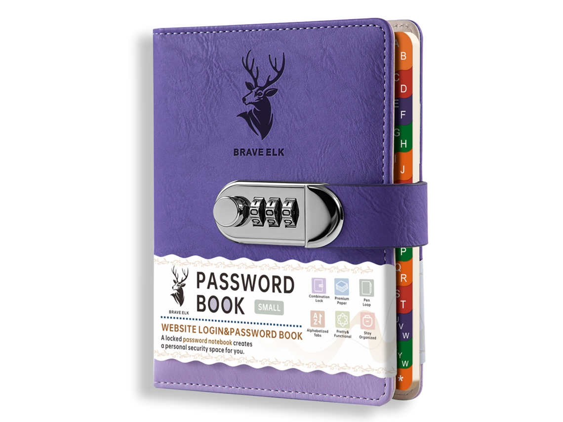 B6 Password Lock Notebook With Index, Purple, 60-sheets