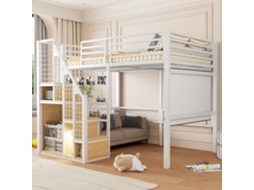 Cama Alta Infantil 140x200 Com Barra De Segurança E Prateleira Branca