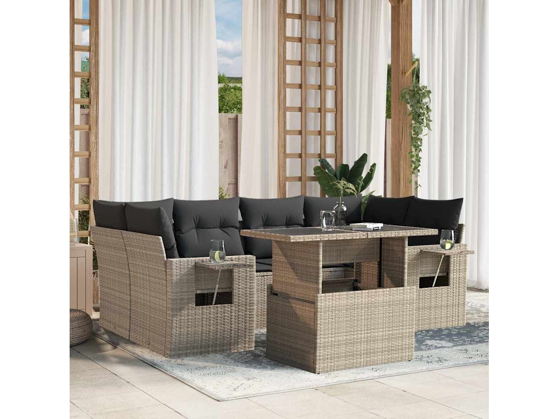 Vidaxl 7 Pcs Conj. Sofás Jardim Com Almofadões Vime Pe Cinzento-claro