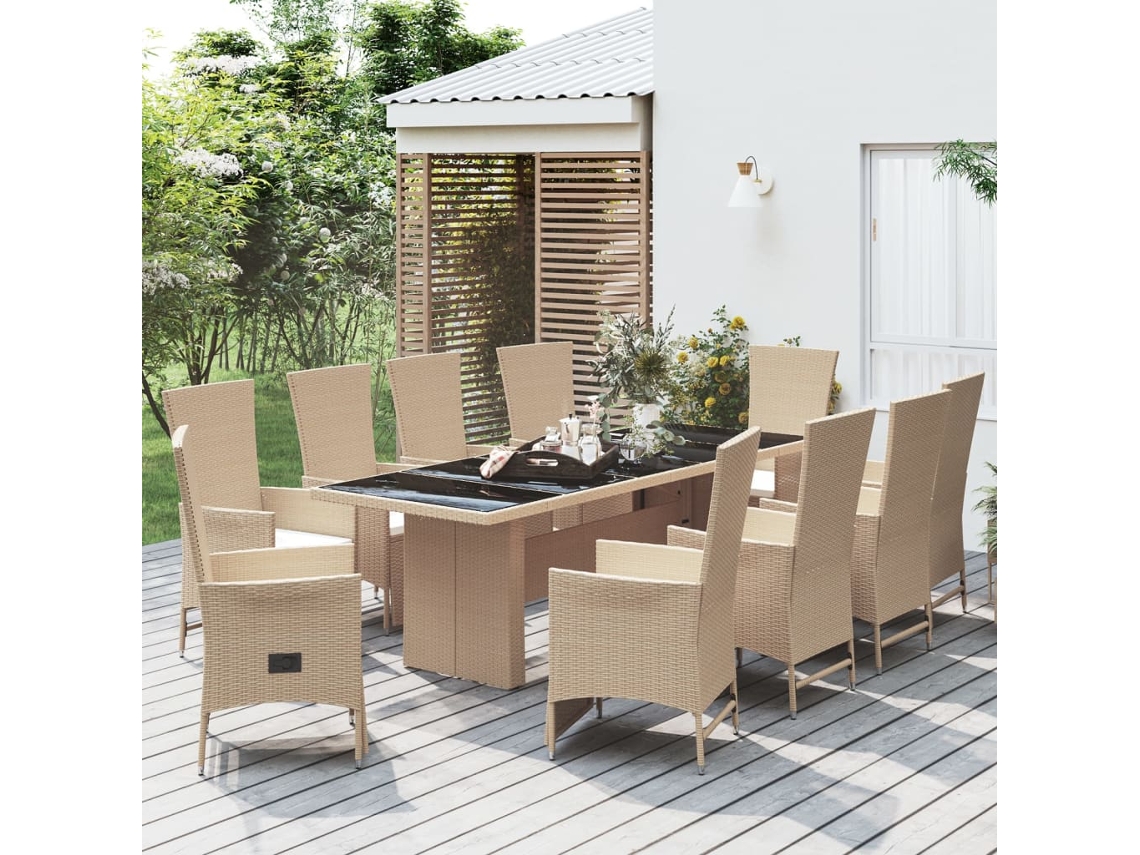 Vidaxl 11 Pcs Conjunto De Jantar P/ Jardim Com Almofadões Vime Pe Bege