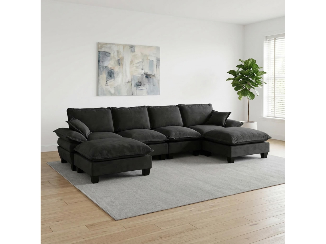 Sofá Modular Cloud 6 Lugares Em U Preto Com Ottomans Para Sala E Apartamento