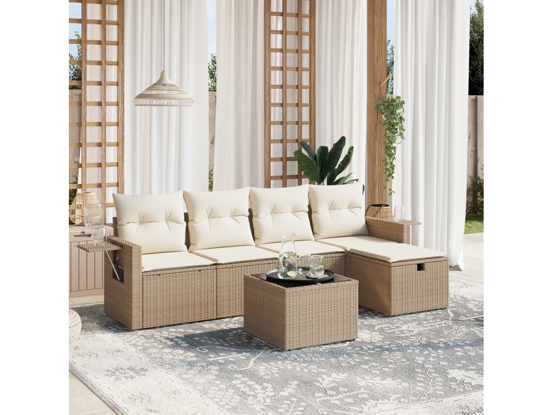 Vidaxl 6 Pcs Conjunto De Sofás P/ Jardim Com Almofadões Vime Pe Bege